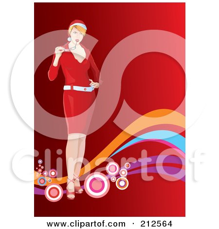 Royalty-Free (RF) Clipart Illustration of a Stylish Christmas Chewing On Her Glasses Over Red With Colorful Waves by YUHAIZAN YUNUS