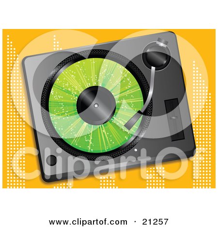 Clipart Illustration of a Green Record Playing In A Record Player Over An Orange Background by elaineitalia