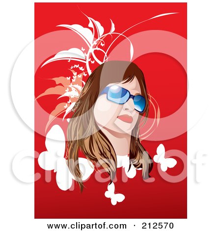 Royalty-Free (RF) Clipart Illustration of a Brunette Woman With Shades Over Red With Foliage And Butterflies by YUHAIZAN YUNUS