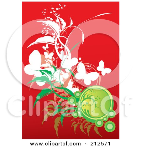 Royalty-Free (RF) Clipart Illustration of a Background Of Butterflies, Bubbles And Foliage On Red by YUHAIZAN YUNUS