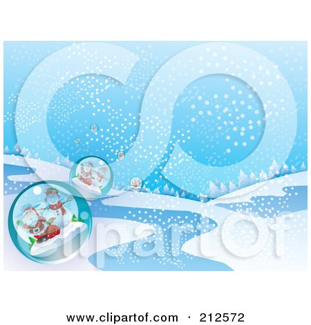 Royalty-Free (RF) Clipart Illustration of a Background Of Santa And Snowman Snow Globes In A Wintry Landscape by YUHAIZAN YUNUS