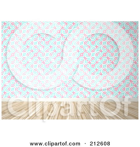 Royalty-Free (RF) Clipart Illustration of a Background Of A Wood Floor And Retro Blue And Pink Swirl Wallpaper Wall by Arena Creative
