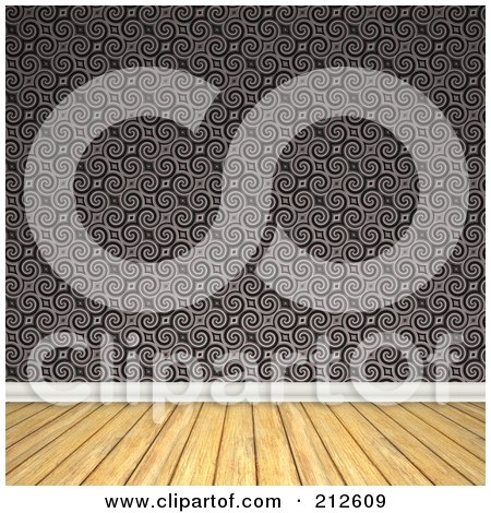 Royalty-Free (RF) Clipart Illustration of a Background Of A Wood Floor And Gray Baroque Wallpaper Wall by Arena Creative