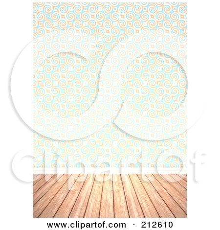 Royalty-Free (RF) Clipart Illustration of a Background Of A Wood Floor And Retro Swirl Wallpaper Wall by Arena Creative
