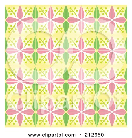 Royalty-Free (RF) Clipart Illustration of a Background Of Pink And Green Spring Flowers And Leaves On Yellow by Cherie Reve