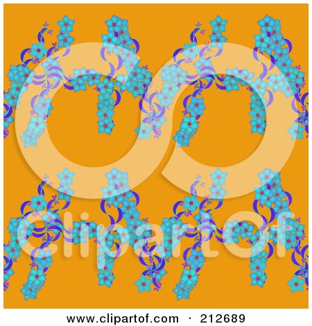 Royalty-Free (RF) Clipart Illustration of a Seamless Repeat Background Of Blue Flower Rows On Orange by chrisroll