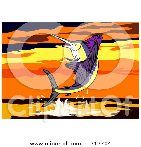Royalty-Free (RF) Clipart Illustration of a Sailfish Leaping At Sunset by patrimonio