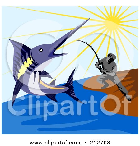 Royalty-Free (RF) Clipart Illustration of a Fisherman Reeling In A Blue Marlin by patrimonio