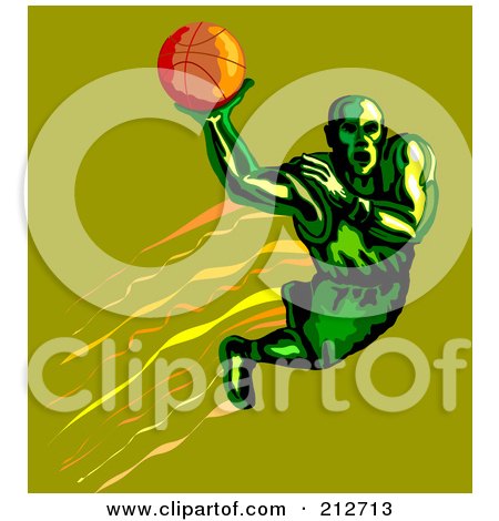 Royalty-Free (RF) Clipart Illustration of a Basketballer Flying Through The Air With A Ball by patrimonio