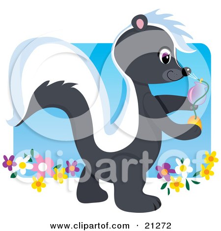 Clipart Illustration of a Cute Smelly Skunk Walking In A Flower Garden And Spraying Fragrance by Maria Bell