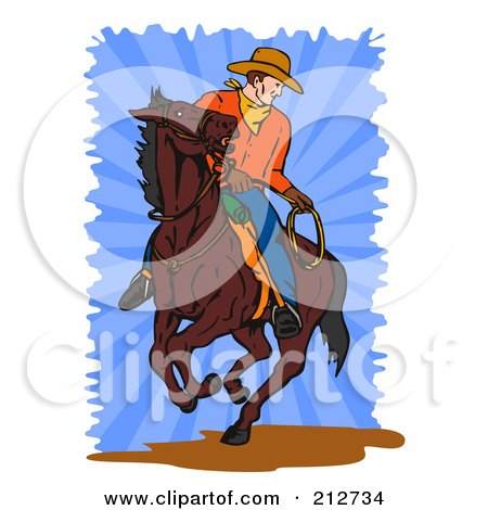Royalty-Free (RF) Clipart Illustration of a Cowboy on a Brown Horse by patrimonio