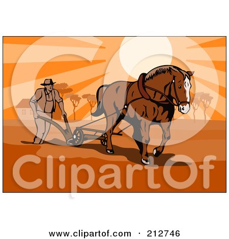 Royalty-Free (RF) Clipart Illustration of a Horse And Farmer Plowing At Sunset by patrimonio