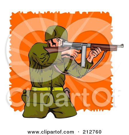 Royalty-Free (RF) Clipart Illustration of a Soldier Shooting A Thompson Logo by patrimonio