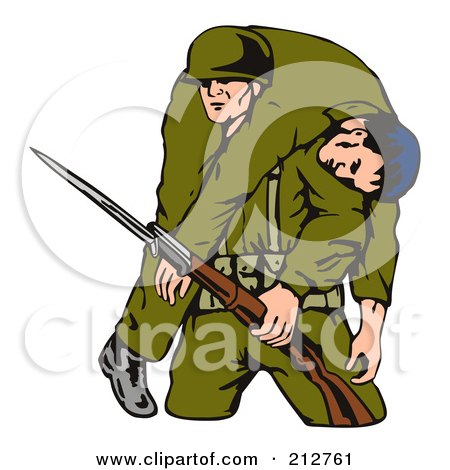 Royalty-Free (RF) Clipart Illustration of a Soldier Carrying A Wounded Comrade by patrimonio