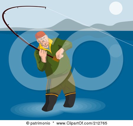 Royalty-Free (RF) Clipart Illustration of a Fly Fisherman Wading by patrimonio