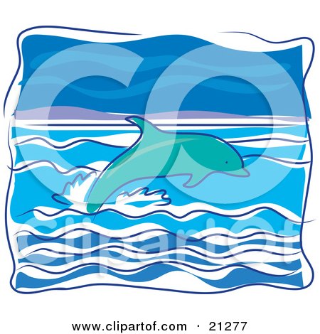 Clipart Illustration of a Swimming Dolphin Leaping Out Of Wavy Ocean Waters by Maria Bell