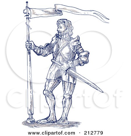 Royalty-Free (RF) Clipart Illustration of a Sketched Blue Knight With A Flag by patrimonio