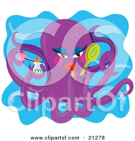 Clipart Illustration of a Feminine Purple Octopus Applying Lipstick And Holding Cosmetics In Her Tentacles by Maria Bell