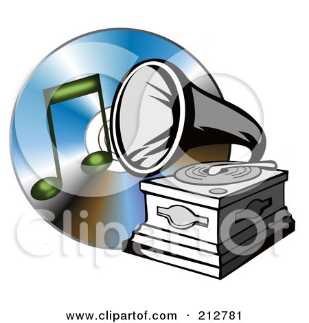 Royalty-Free (RF) Clipart Illustration of a Phonograph Over A Cd And Music Note by patrimonio