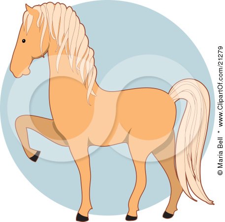 Clipart Illustration of a Prancing Palomino Horse In Profile Over A Blue Circle by Maria Bell
