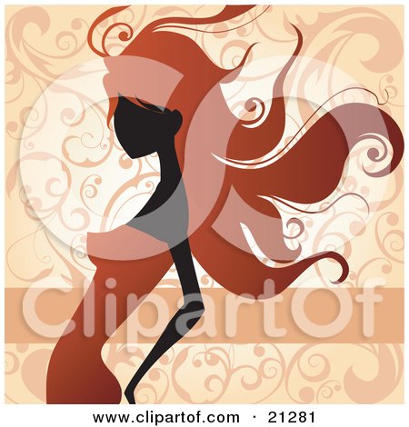 Clipart Illustration of a Beautiful Lady With Long Red Hair, Wearing An Orange Dress And Leaning Slightly Backwards Over A Scrolled Background by OnFocusMedia