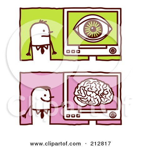 Royalty-Free (RF) Clipart Illustration of a Digital Collage Of Stick Business Men With Eye And Brain Computers by NL shop