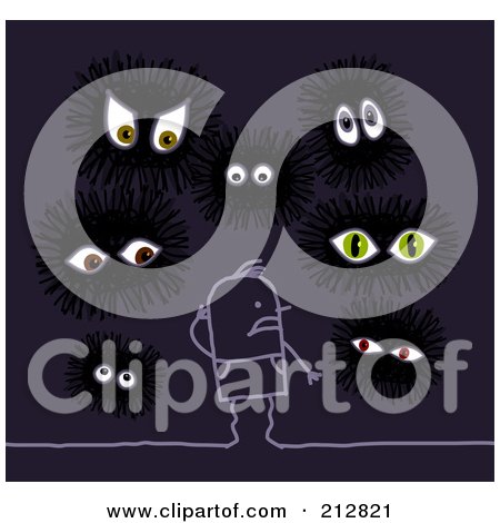 Royalty-Free (RF) Clipart Illustration of a Scared Stick Man Surrounded By Evil Eyes In The Dark by NL shop