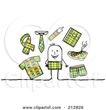 Royalty-Free (RF) Clipart Illustration of a Stick Man Surrounded By Plaid Clothes And Accessories by NL shop