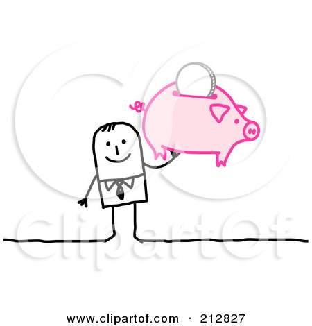 Royalty-Free (RF) Clipart Illustration of a Stick Businessman Holding Up A Piggy Bank by NL shop