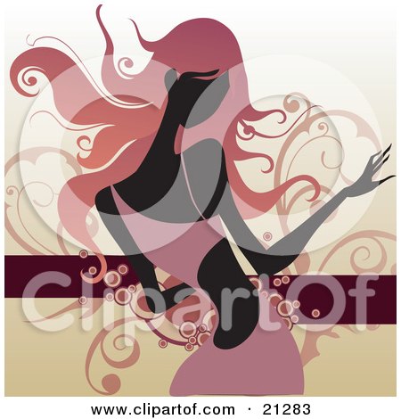 Clipart Illustration of a Happy Woman With Long Pink Hair, Wearing A Fashionable Pink Dress And Dancing Against A Scrolled Background by OnFocusMedia