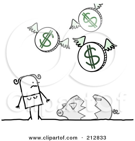 Royalty-Free (RF) Clipart Illustration of a Stick Woman Watching Her Savings Fly Away Over A Broken Bank by NL shop
