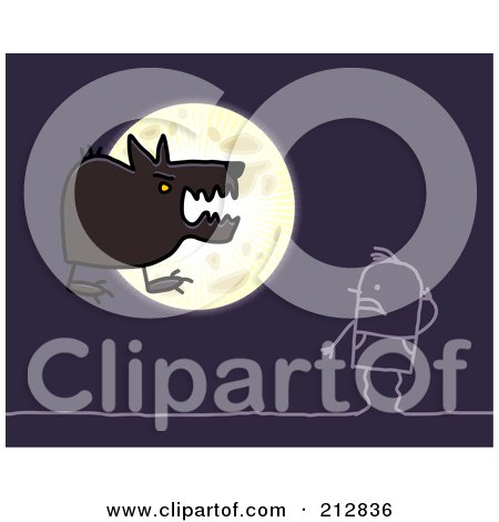 Royalty-Free (RF) Clipart Illustration of a Stick Man Staring At A Werewolf By The Moon by NL shop