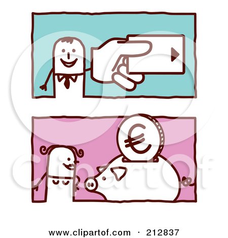 Royalty-Free (RF) Clipart Illustration of a Digital Collage Of A Stick Man And Woman With A Credit Card And Piggy Bank by NL shop