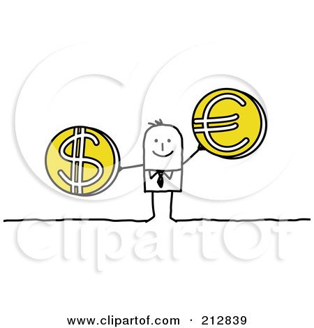 Royalty-Free (RF) Clipart Illustration of a Stick Businessman Holding Euro And Dollar Coins by NL shop