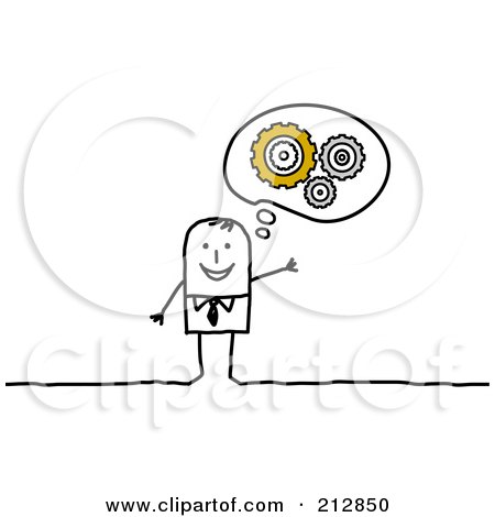 Royalty-Free (RF) Clipart Illustration of a Stick Businses Man With Gear Thoughts by NL shop