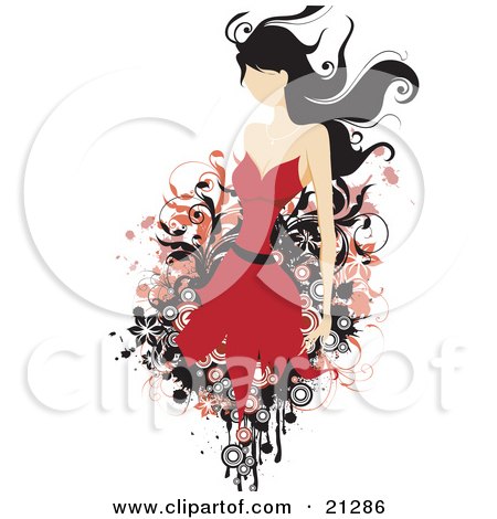 Clipart Illustration of a Faceless Caucasian Woman With Long Black Hair Wearing A Red Fashionable Dress by OnFocusMedia
