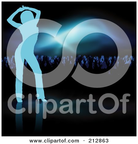 Royalty-Free (RF) Clipart Illustration of a Background Of A Blue Silhouetted Woman Dancing Near A Crowd Under Blue Lights by dero