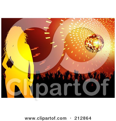 Royalty-Free (RF) Clipart Illustration of a Background Of A Yellow Silhouetted Women By A Crowd Under A Disco Ball by dero