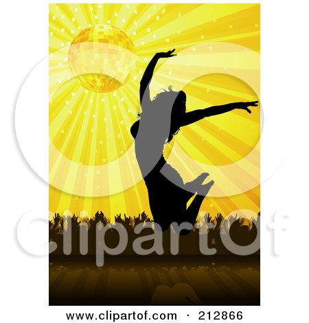 Royalty-Free (RF) Clipart Illustration of a Background Of A Silhouetted Woman Jumping Over A Crowd Under A Disco Ball by dero
