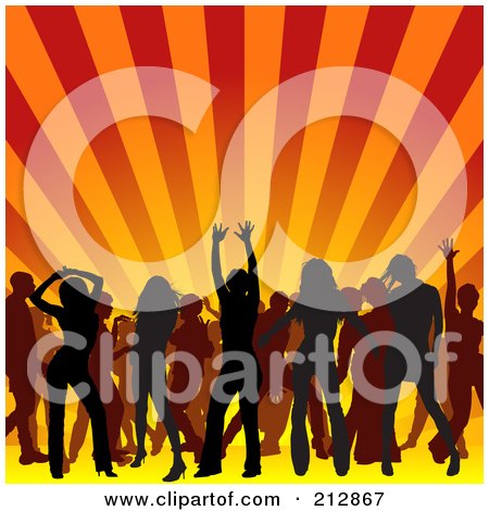 Royalty-Free (RF) Clipart Illustration of a Background Of Silhouetted Men And Women Having Fun On A Dance Floor, Under Orange Rays by dero