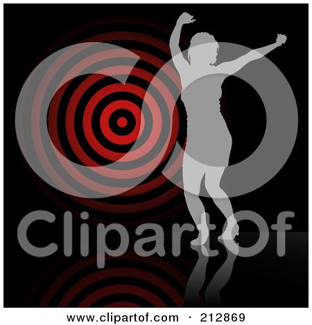 Royalty-Free (RF) Clipart Illustration of a Background Of A Gray Silhouetted Woman Dancing By A Target Over Black by dero