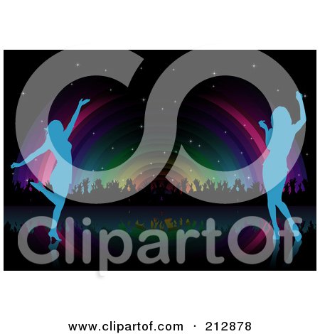 Royalty-Free (RF) Clipart Illustration of a Background Of Blue Silhouetted Women Dancing And Rainbow Lights by dero