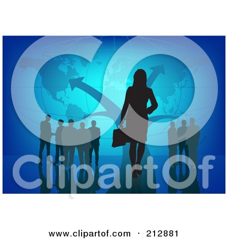 Royalty-Free (RF) Clipart Illustration of a Team Of International Business People Over A Blue Map With Flight Route Arrows by dero
