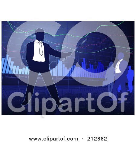 Royalty-Free (RF) Clipart Illustration of a Business Man Pointing To A Chart And Others Watching, Over Blue by dero