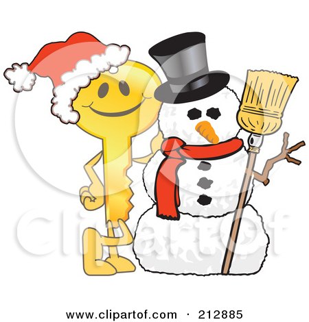 Royalty-Free (RF) Clipart Illustration of a Golden Key Mascot Character By A Snowman by Mascot Junction