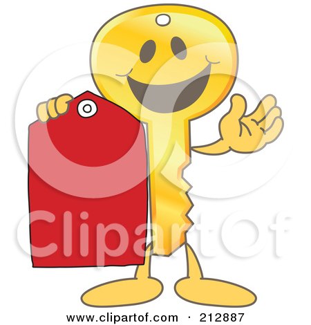 Royalty-Free (RF) Clipart Illustration of a Golden Key Mascot Character Holding A Blank Red Tag by Mascot Junction