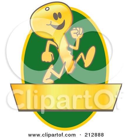 Royalty-Free (RF) Clipart Illustration of a Running Golden Key Mascot Character Logo Over A Green Oval And Gold Banner by Mascot Junction