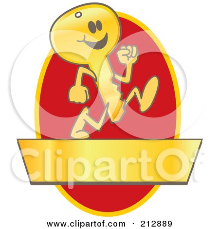 Royalty-Free (RF) Clipart Illustration of a Running Golden Key Mascot Character Logo Over A Red Oval And Gold Banner by Mascot Junction