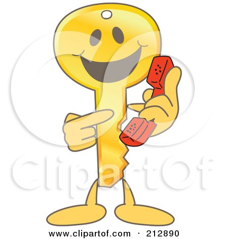 Royalty-Free (RF) Clipart Illustration of a Golden Key Mascot Character Pointing To A Phone by Mascot Junction