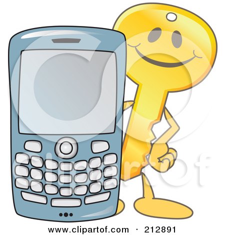 Royalty-Free (RF) Clipart Illustration of a Golden Key Mascot Character With A Cell Phone by Mascot Junction